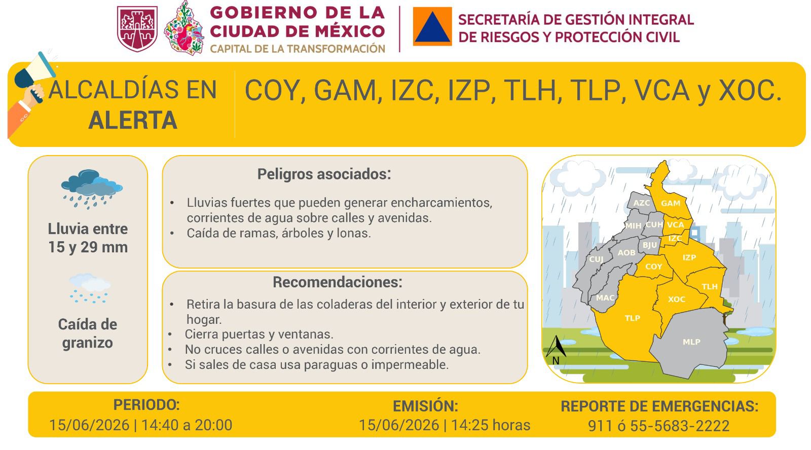Activan Alerta Amarilla por lluvias fuertes y posible caída de granizo en CDMX